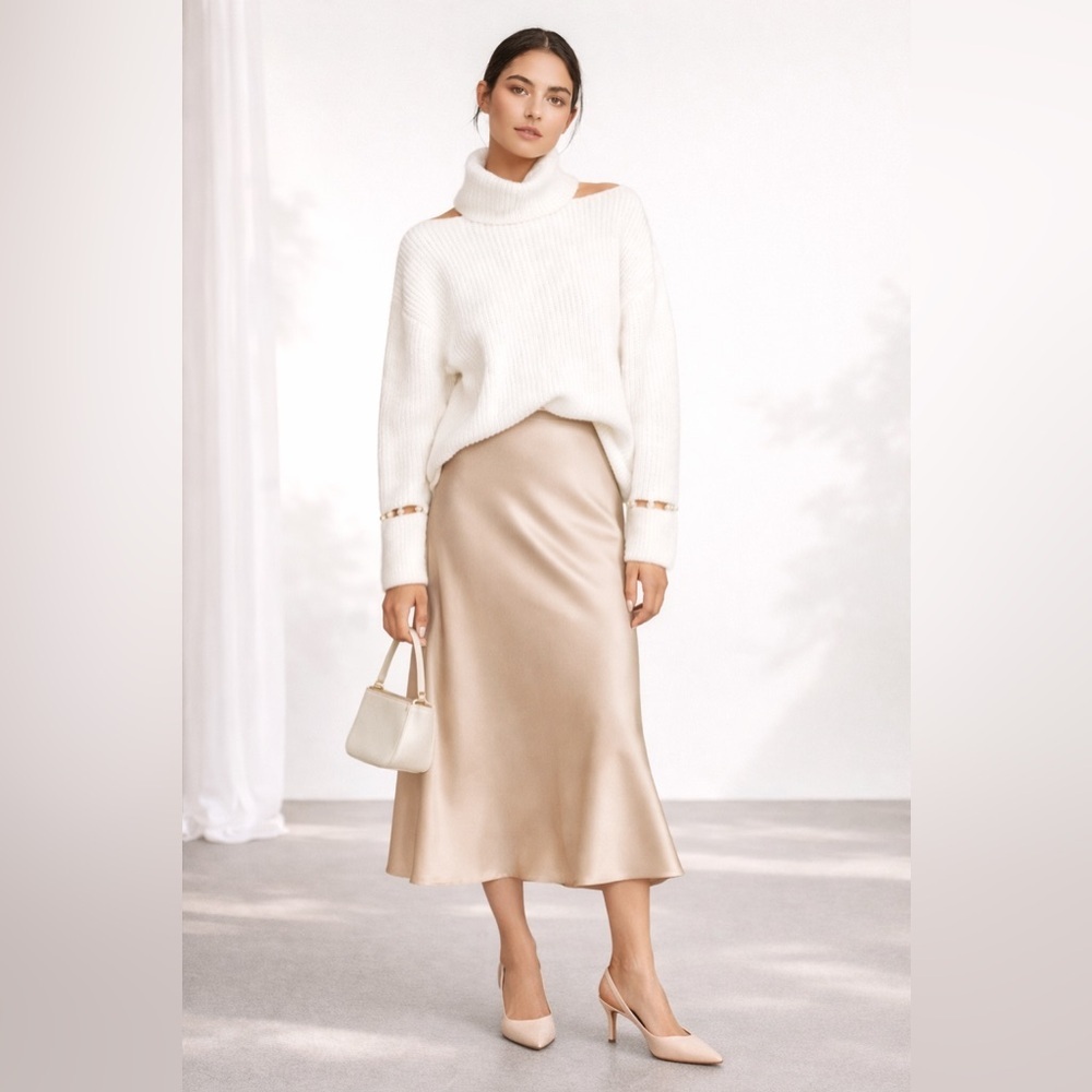 Alice and Olivia wool rib turtleneck sweater bateau neck line pearl detail. M